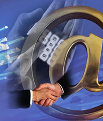 cyber contact us photo with hands shaking through at symbol and a hand dialing on a phone number pad